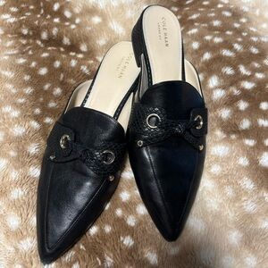 Cole Haan leather mules slip on flats shoes black with gold size 10